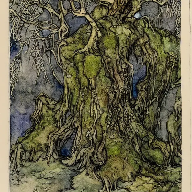 Image similar to a detailed, intricate watercolor and ink illustration with fine lines, of a mossy oak tree, by arthur rackham and edmund dulac and ted nutall