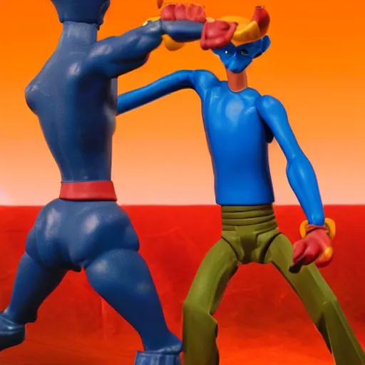 Prompt: toy called Stretch Armstrong fighting an Indian man, life size, fighting a small Indian man, golden hour, award winning,