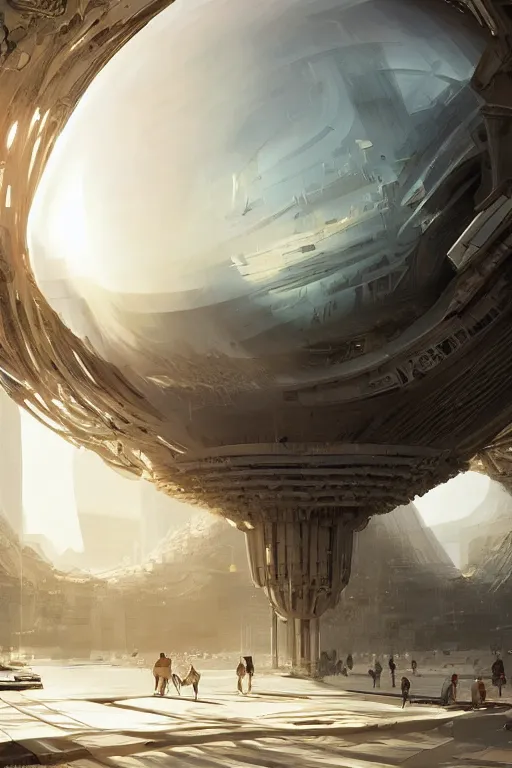 Prompt: magnificent clean and well-lit sci-fi spherical building, intricate, elegant, volumetric lighting, digital painting, highly detailed, artstation, sharp focus, sunny day, utopia, open space, illustration, concept art, ruan jia, steve mccurry