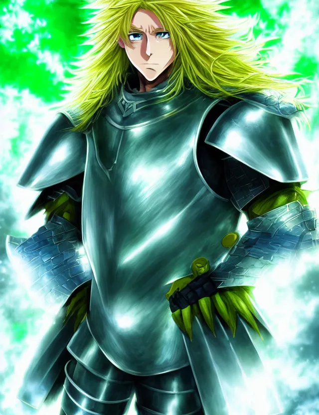 Image similar to an anime portrait of a long haired blonde man with blue eyes in green plate armour glowing with green energy, trending on artstation, digital art, 4 k resolution, detailed, high quality, sharp focus, hq artwork, coherent, insane detail