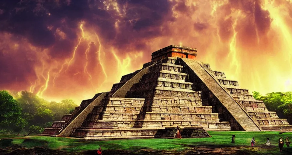 Image similar to ancient mayan civilization, huge mayan city with mayan pyramids in a landscape with waterfalls and stunning light and cheerful colors, epic composition, cinematic lighting, masterpiece, trending on artstation, very very detailed, masterpiece, stunning