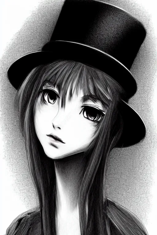 Prompt: highly detailed, beautiful teenage girl in a tall black top hat, pencil sketch, gray scale, anime style