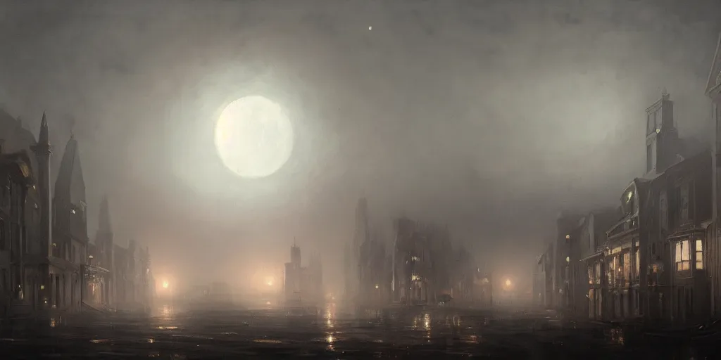 Image similar to A hyper realistic oil painting of a moon hanging over a victorian age city, view from the streets, fog, creepy atmosphere, moody cinematic lighting, focus on the moon, hyper detailed, by greg rutkowski, trending on artstation