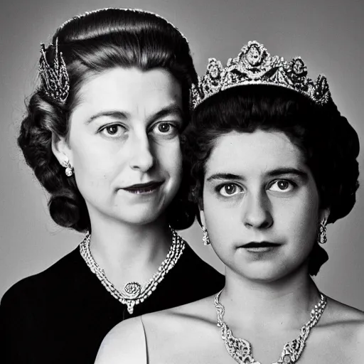 Prompt: A portrait photo of queen elizabeth teams up with a teenage queen elizabeth, perfect faces, 50 mm, award winning photography