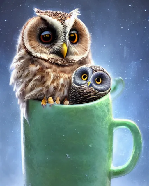 Image similar to long shot of a very cute owl chick nesting in a futuristic mug, esao andrews, humorous illustration, hyperrealistic, big depth of field, warm colors, night scenery, low light, 3 d octane render, 4 k, concept art, hyperdetailed, hyperrealistic, trending on artstation