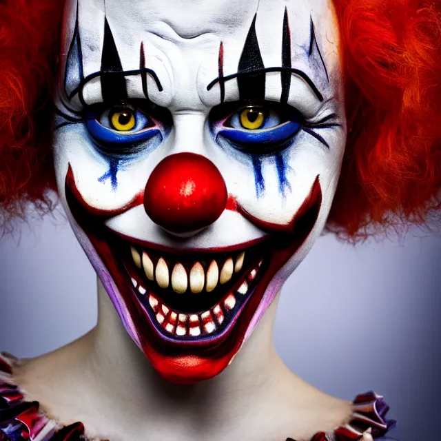 Image similar to full length photo of a beautiful female killer clown, highly detailed, 8 k, hdr, close up, smooth, sharp focus, high resolution, award - winning photo
