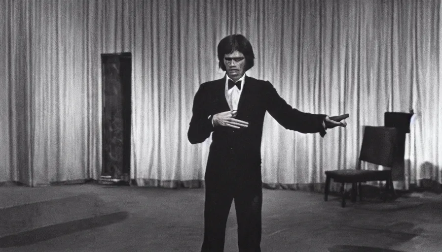 Prompt: 70s movie still of a man with elongated arms in a soviet ballroom, eastmancolor, heavy grain, high quality, higly detailed, liminal space