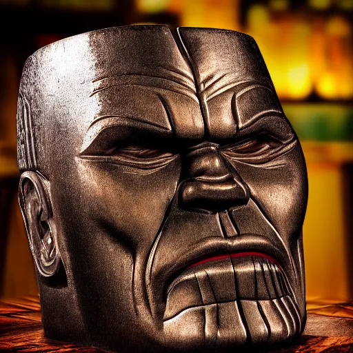 Image similar to a closeup photorealistic photograph of a glossy thanos style tiki mug sitting at a trader vic's bar featuring the face of thanos. tiki party. bright scene. fine detail. this 4 k hd image is trending on artstation, featured on behance, well - rendered, extra crisp, features intricate detail, epic composition and the style of unreal engine.