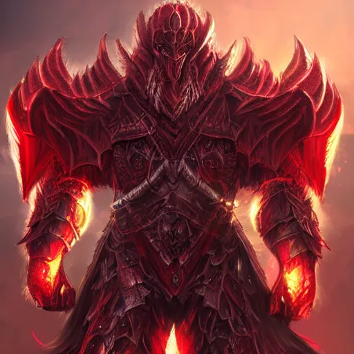 Image similar to concept art of warrior heavy red dragon armor, digital art, d & d digital painting, intricate details, ultra realistic, volumetric lighting, warm colors advance, cell shading