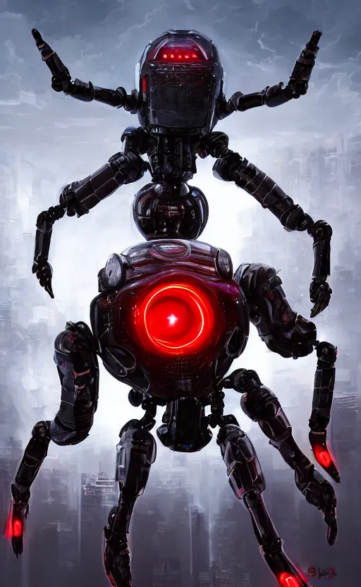 Image similar to a robot humanoid spider in a city, with 4 arms with claws, glowing red eyes, in a black carbon and red fiber armor, smiling creepily, dynamic lighting, photorealistic fantasy concept art, trending on art station, stunning visuals, creative, cinematic, ultra detailed