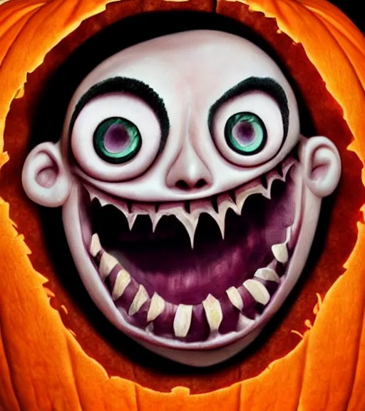 Prompt: a tim burton illustration of a horrifying carved pumpkin face, laughing menacingly, cartoony facial expression, creepy lighting, 4 k artstation, masterpiece