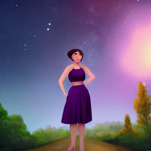 Image similar to an hd photo of a young woman with short brown hair and green eyes, purple dress, beautiful trees in the background, night sky with stars and galaxies, trending on artstation