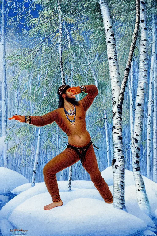 Image similar to ivan shishkin style nataraja dancing in a winter birch grove and raising snow clouds during a solar eclipse, visionary art style