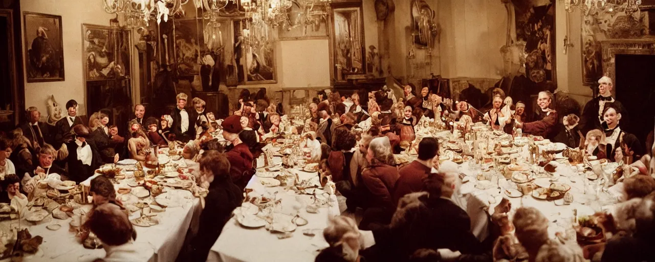 Prompt: a long banquet table covered in spaghetti, victorian era, excited guests, detailed expression, canon 5 0 mm, cinematic lighting, photography,, film, kodachrome