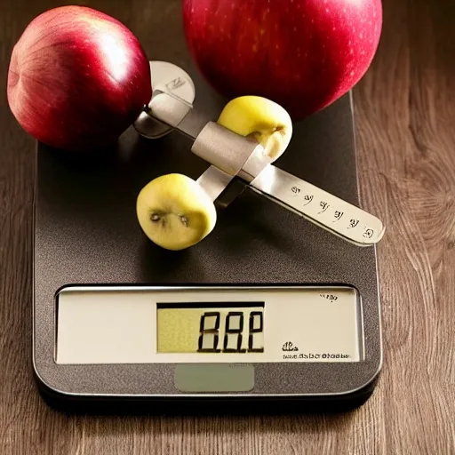 Image similar to set of balance scales with weights, weighing one apple and one onion