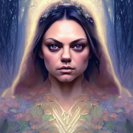 Prompt: symmetry portrait of mila kunis princess, forest background, intricate, elegant, highly detailed, digital painting, artstation, concept art, smooth, sharp focus, illustration, art by artgerm and greg rutkowski and fra angelico and alphons mucha