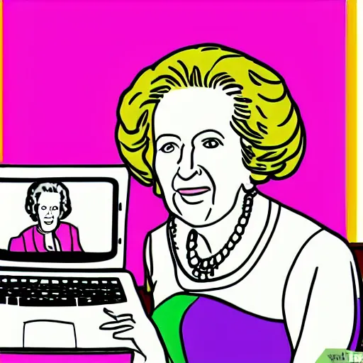 Image similar to wikihow illustration of having fun ( in a girly way ) by looking at photos of margaret thatcher on your laptop, as you sit on your couch in front of a rainbow tv static painting