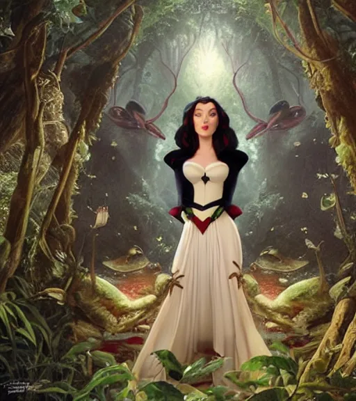 Image similar to film still of Monica Bellucci as snow white in a forest by a pond with frogs, by artgerm, makoto sinkai, magali villeneuve, Gil Elvgren, Earl Moran,Enoch Bolles, symmetrical,