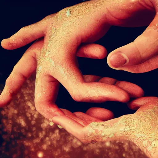 Prompt: hands making contact in the metaverse, organic liquid textures, organic growth, particles, flowing, abundent in details, transparent, surreal dramatic lighting