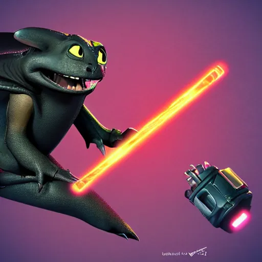 Image similar to “ creature in the style of how to train your dragon holding laser gun, floating alone, with a black background, digital art, award winning, trending on art station, retro style ”