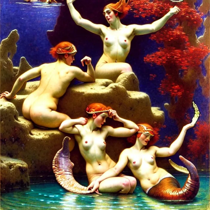 Image similar to mermaids wrestling while swimming, hard lighting, full body, warm lighting, painting by gaston bussiere, craig mullins, j. c. leyendecker, lights, art by ernst haeckel, john william godward, hammershøi