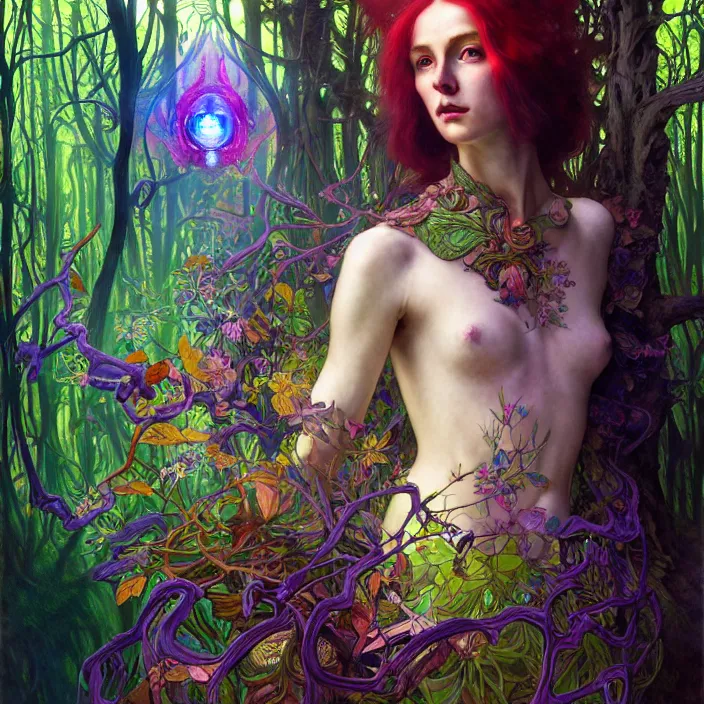 Image similar to bright psychedelic portrait of shy organic cyborg in an ancient forest, diffuse lighting, fantasy, intricate, elegant, highly detailed, lifelike, photorealistic, digital painting, artstation, illustration, concept art, smooth, sharp focus, art by John Collier and Albert Aublet and Krenz Cushart and Artem Demura and Alphonse Mucha