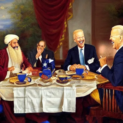 Image similar to a painting of joe biden laugh in tea party with osama bin laden, justify content center, hyper realistic content, frontal hyperdetailed realistic content, remove duplicate content