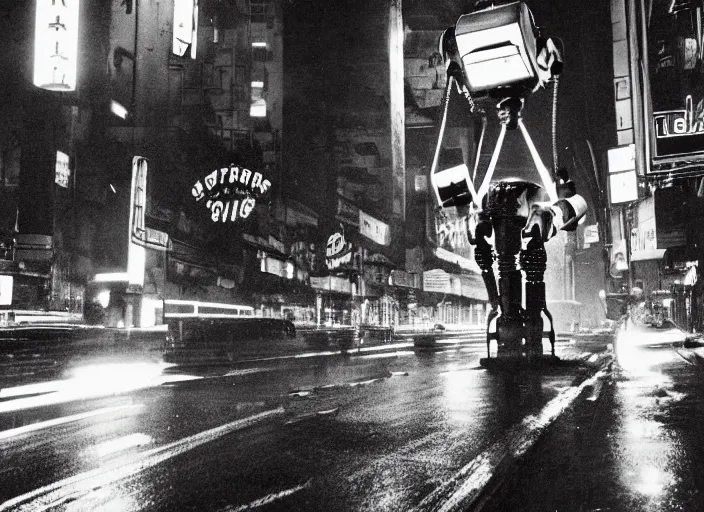 Prompt: a kodachrome photo of a tall huge metallic cyborg droid with glowing lights and sparks and lightning flying from inside, running sprinting on a rainy night in the city in the 1 9 5 0's, dramatic, seen from a distance, canon 5 0 mm, cinematic lighting, film, photography, award - winning, neon, cyberpunk, blade runner