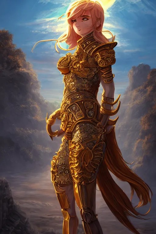 Image similar to portrait knights of zodiac girl, golden and copper shining armor, karate pose, in ruined agora of athens sunrise, ssci - fi and fantasy, intricate and very very beautiful and elegant, highly detailed, digital painting, artstation, concept art, smooth and sharp focus, illustration, art by z - - ed