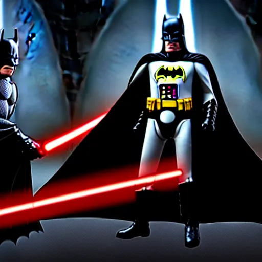 Image similar to ultra detailed picture of a fight where batman is against darth vador, unreal engine, extremely detailed, epic, dark, highly realistic, spiritual masterpiece, beautiful, ultra hd