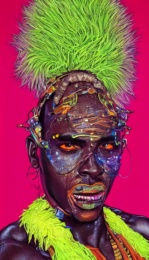 Image similar to detailed full body illustration of an African male with face augmentations, strong neon lighting, Afrofuturism, extravagant feathered collar, by glenn fabry, hyper realistic, HD, oil on canvas