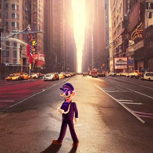 Image similar to hyperrealistic dslr film still of waluigi in nyc, stunning 8 k octane comprehensive 3 d render, inspired by istvan sandorfi & greg rutkowski & unreal engine, perfect symmetry, dim volumetric cinematic lighting, extremely hyper - detailed, extremely lifelike attributes & texture, intricate, masterpiece, artstation, stunning