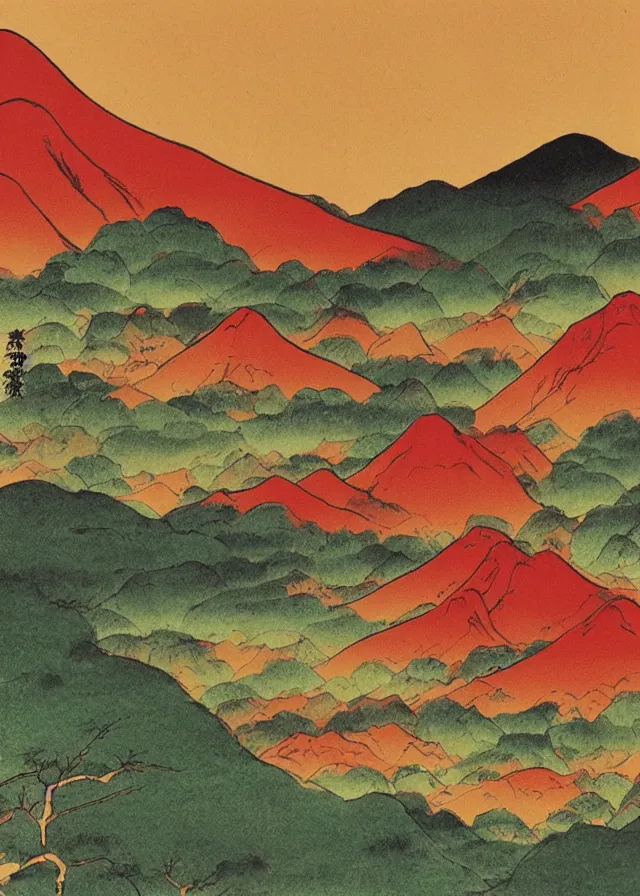 Prompt: landscape with red mountains, osamu tezuka