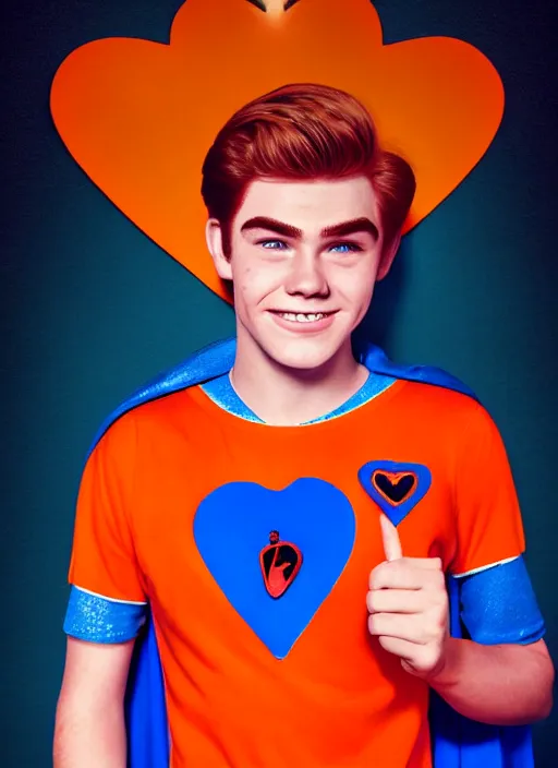 Image similar to friendly teenage archie andrews wearing an orange superhero costume with heart logo, heart, orange costume, blue cape, freckles, cape, heart emblem on chest, heart, blue cape, intricate, elegant, glowing lights, highly detailed, digital painting, artstation, sharp focus, illustration, art by wlop, mars ravelo and greg rutkowski