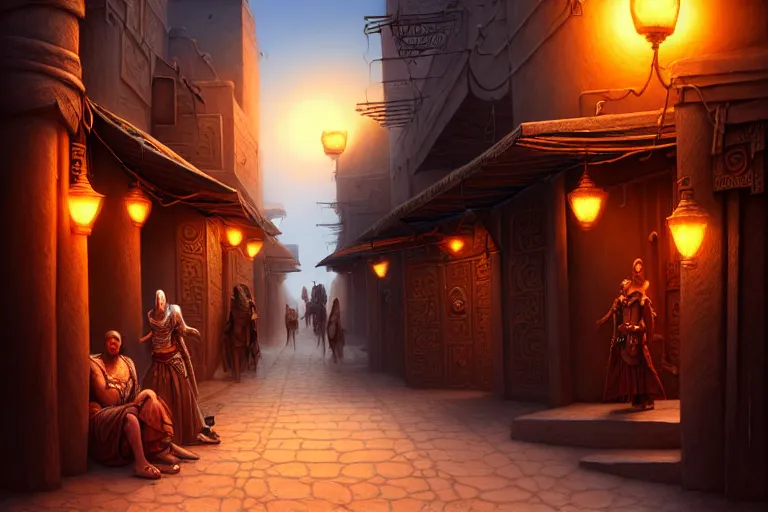 Prompt: a highly detailed bazaar street in the desert city of tyr from the land of athas, amazing dark sun digital painting, by gerald brom, brom digital art, concept art, intricate details, ultra realistic, beautiful art, volumetric lighting, dark sun - campaign setting, by brom, trending cgsociety, artstation, rim lighting, 8 k