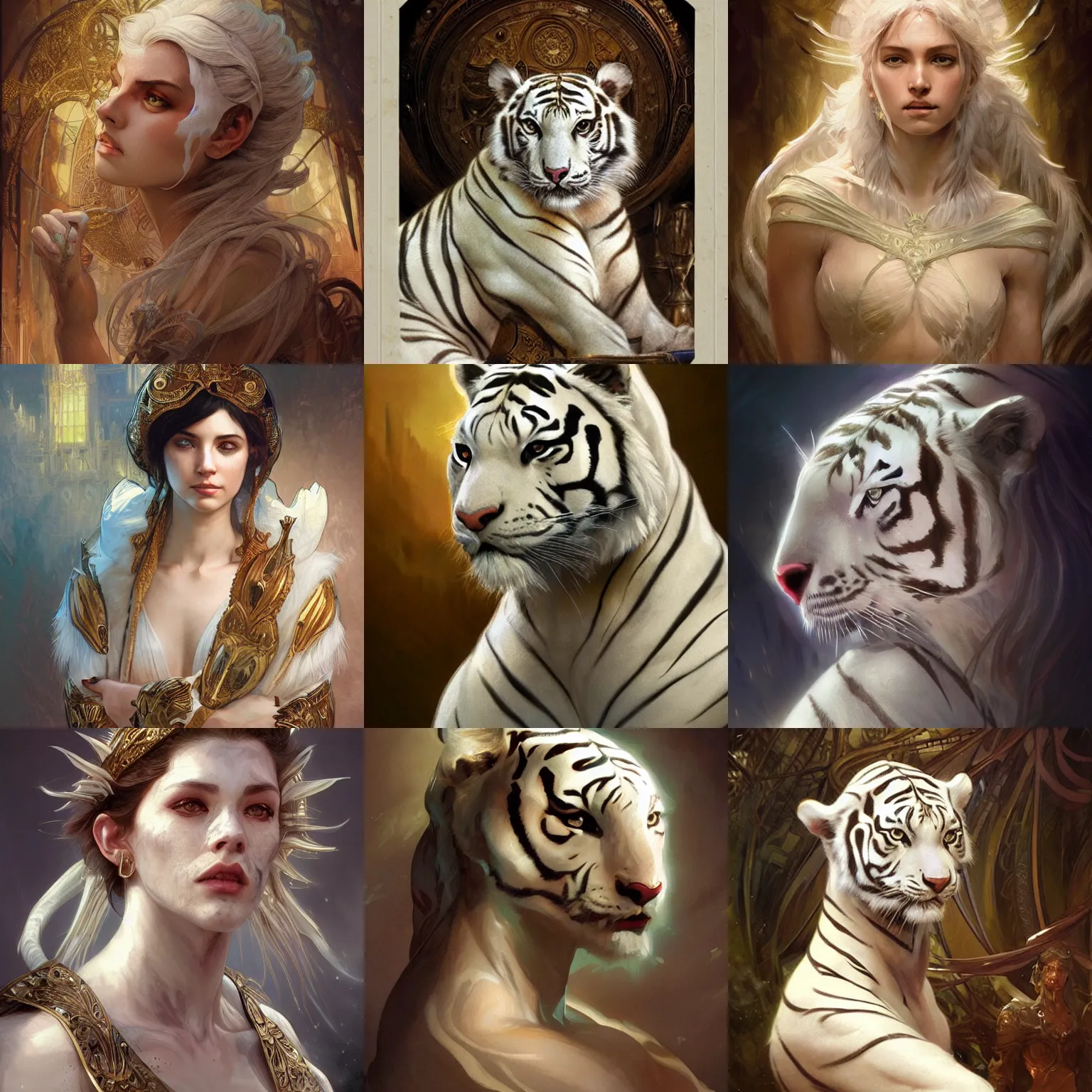 Prompt: A portrait of a humanoid white bengal tiger, D&D, fantasy, intricate, cinematic lighting, highly detailed, digital painting, Artstation, concept art, smooth, sharp focus, illustration, art by Artgerm and Greg Rutkowski, Alphonse Mucha and charlie bowater