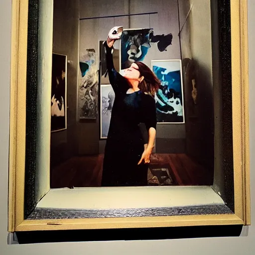 Prompt: wide - shot low - angle photo of woman taking selfie in the museum, painting by pollock on background, polaroid photo
