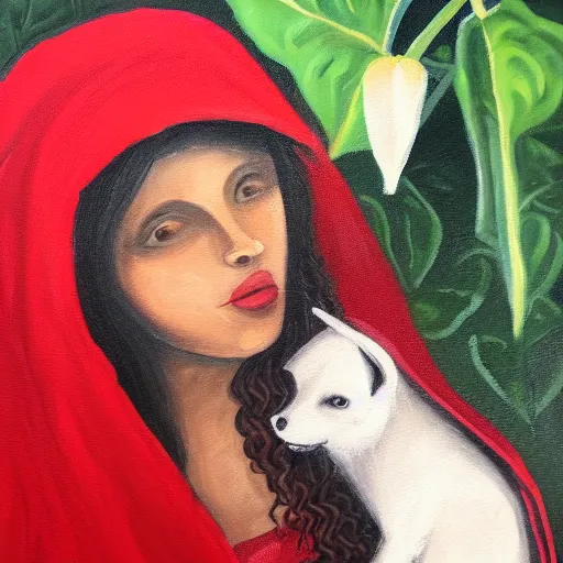 Prompt: oil painting of little red riding hood next to white brugmansia suaveolens flowers, with a dark background,