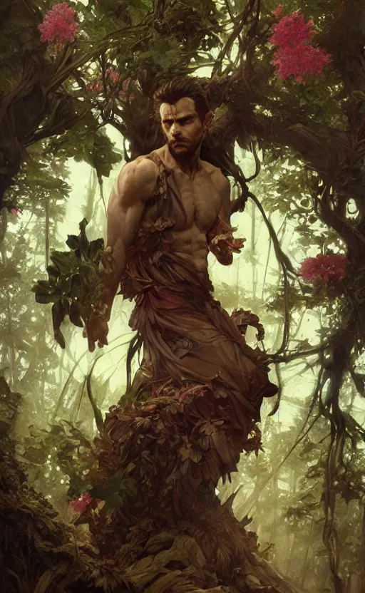 Image similar to god of the forest, 3 0 years old, rugged, handsome, male, detailed face, clean lines, atmospheric lighting, amazing, full body, thighs, flowers, muscular, intricate, highly detailed, digital painting, deviantart, concept art, sharp focus, illustration, art by greg rutkowski and alphonse mucha