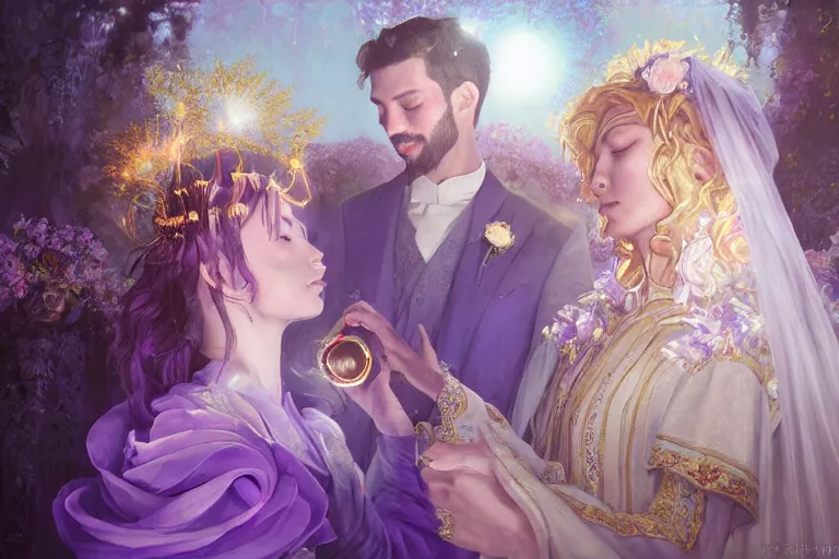 Image similar to a dreamlike cinematic portrait of wedding photograph close up moment of a divine a russia sun god and moon goddess lovers magician at a wedding banquet. portraiture. digital painting. artstation. concept art. fantasy wedding photo. digital painting, 8 k realistic, hyper detailed, violet evergarden art masterpiece by art by krenz cushart