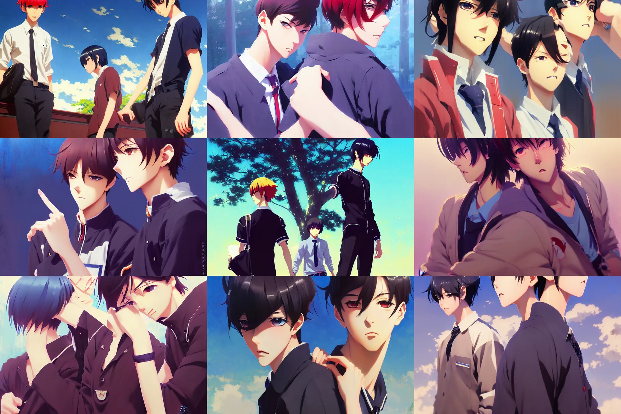 boy's love anime high school scene spring setting, | Stable Diffusion