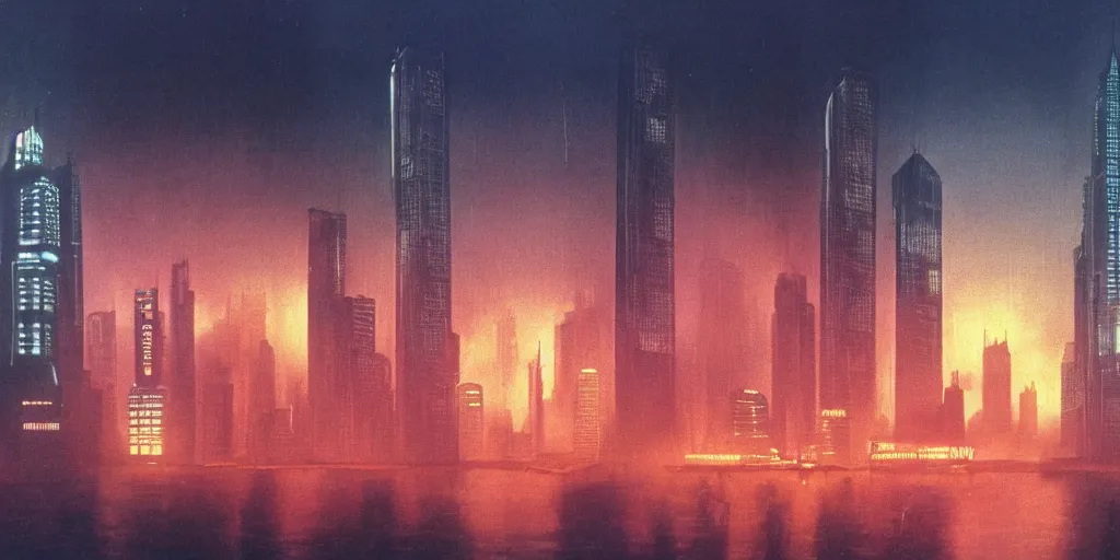 Prompt: 3 5 mm atmospheric dusk urban photographic landscape of hong kong 2 0 xx, blade runner 1 9 8 2 city, matte painting, cinematic composition, futuristic dystopian megacity skyline with towering mega - skyscrapers, falling acid rain, neon, industrial fires and smog, dramatic cinematography 3 5 mm