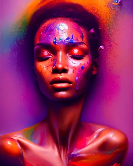 Prompt: very beautiful woman, face submerged in colorful oils, dark skin, realism, extreme detail, real life, soft light, volumetric light, 3 d shadows, james jean, photoshoot