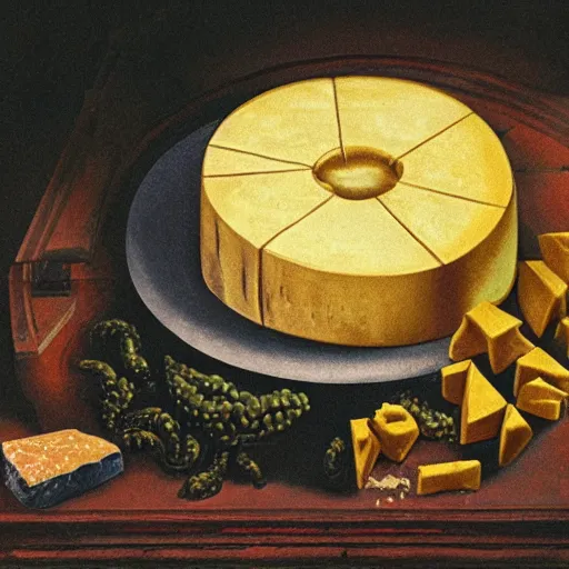 Image similar to medusa eating a large wheel of cheese, color film, photorealistic,