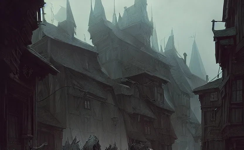 Prompt: beautifully done concept art of an old medieval mystic town : : art by jakub rebelka : : dramatic mood, overcast mood, dark fantasy environment : : trending on artstation, unreal engine, digital art