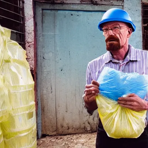 Prompt: walter white holding a ziplock full of blue meth at a favela, photo, 4k, photorealistic, hd