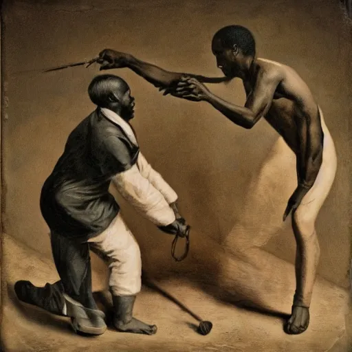 Prompt: two people fighting to make the other into a slave