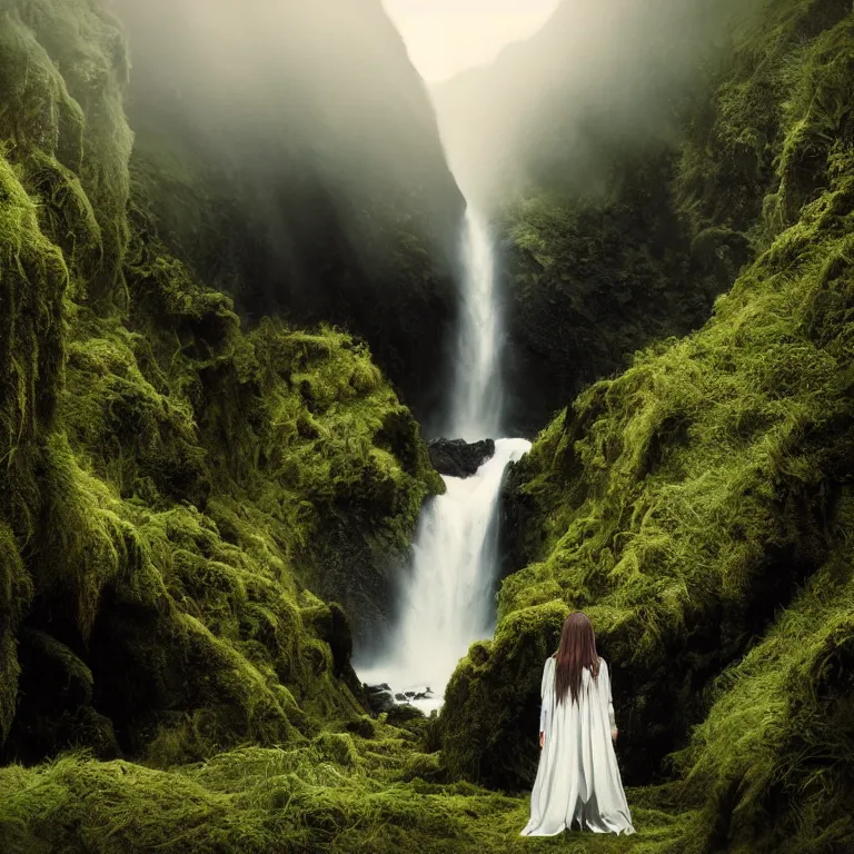 Image similar to dark and moody 1 9 8 0's artistic color spaghetti western film, a woman in a giant billowing wide long flowing waving shining bright white dress, standing inside a green mossy irish rocky scenic landscape, huge waterfall, volumetric lighting, backlit, atmospheric, fog, extremely windy, soft focus