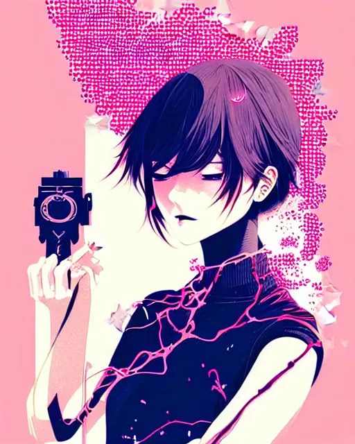 Image similar to girl holding flashbang, detailed manga illustration!! intricate details, beautiful perfect face, perfect body, aesthetically pleasing pastel colors, poster background, aesthetic details, art by conrad roset and ilya kuvshinov