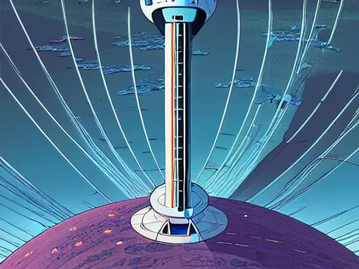 Image similar to a scifi illustration, hyper detailed external view of a space elevator. cinematic wide angle composition. flat colors, limited palette in FANTASTIC PLANET La planète sauvage animation by René Laloux